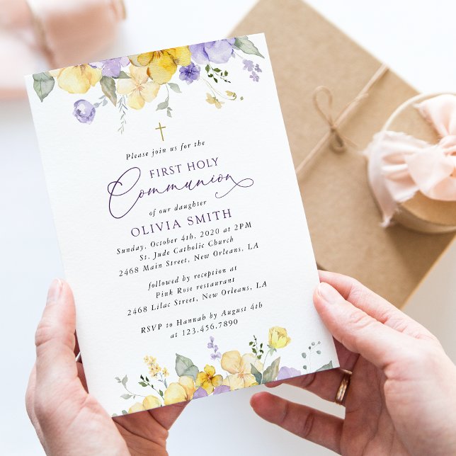 Purple Flowers, Yellow Flowers, First Communion Invitation (Creator Uploaded)