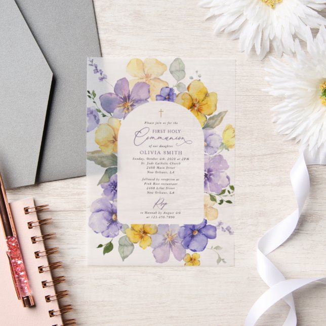 Purple Flowers, Yellow Flowers, First Communion Vellum Invitations (Wedding)