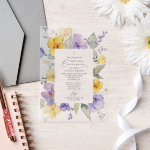 Purple Flowers, Yellow Flowers, First Communion Vellum Invitations