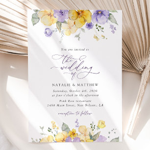 Purple Flowers, Yellow Flowers, Greenery, Wedding Invitation