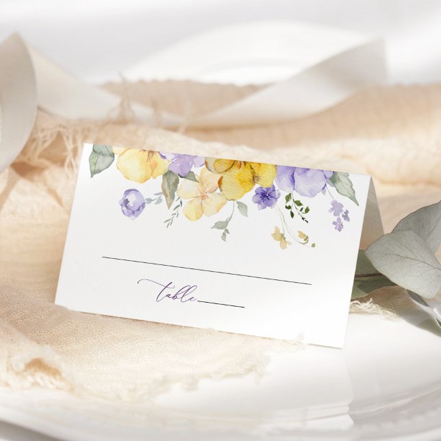 Purple Flowers, Yellow Flowers, Greenery, Wedding Place Card (Creator Uploaded)