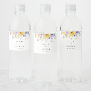 Purple Flowers, Yellow Flowers, Greenery, Wedding Water Bottle Label