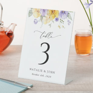Purple Flowers, Yellow Flowers, Table Numbers Pedestal Sign