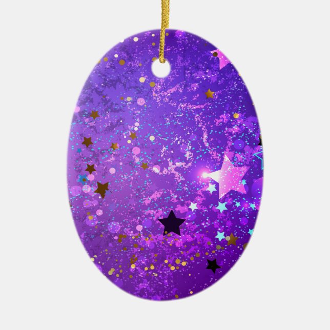 Purple foil background with Stars Ceramic Tree Decoration (Front)