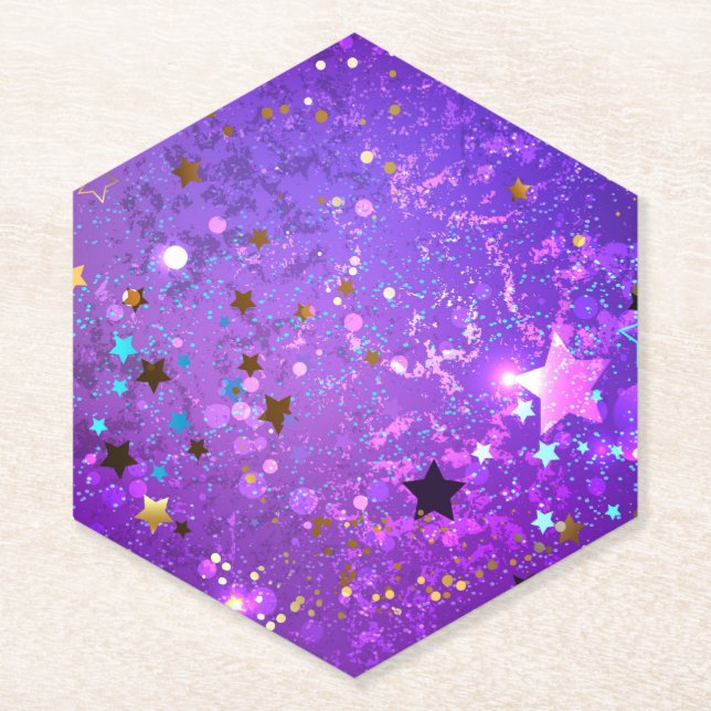Purple foil background with Stars Paper Coaster (Front)