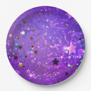 Purple foil background with Stars Paper Plate