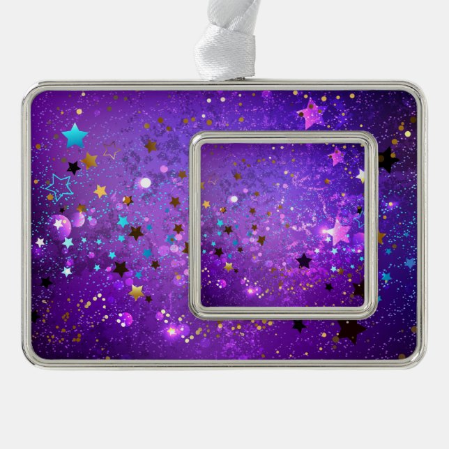 Purple foil background with Stars Silver Plated Framed Ornament (Front)