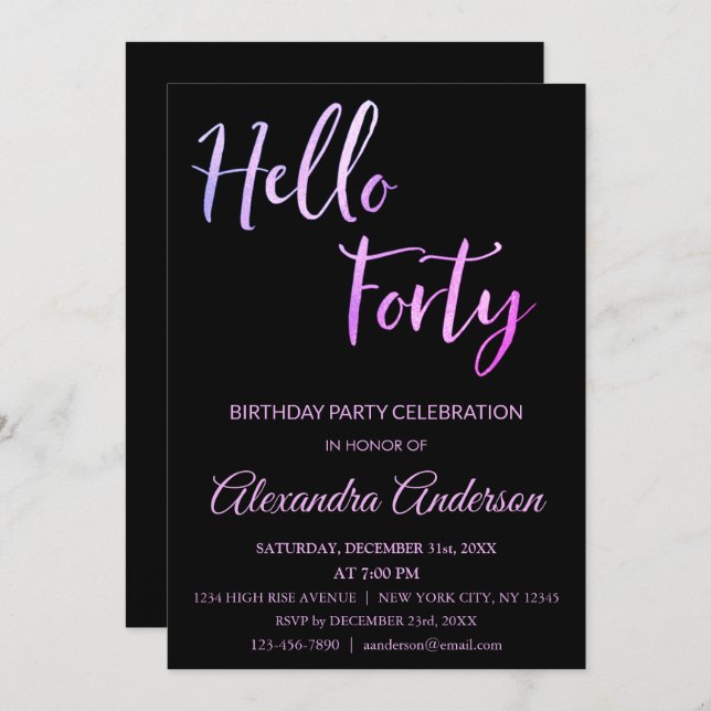 Purple Foil Hello 40 Forty Birthday Party Invitation (Front/Back)