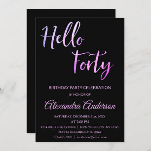 Purple Foil Hello 40 Forty Birthday Party Invitation
