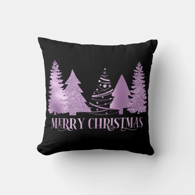 Purple Foil Look Metallic Merry Christmas Tree  Cushion (Front)