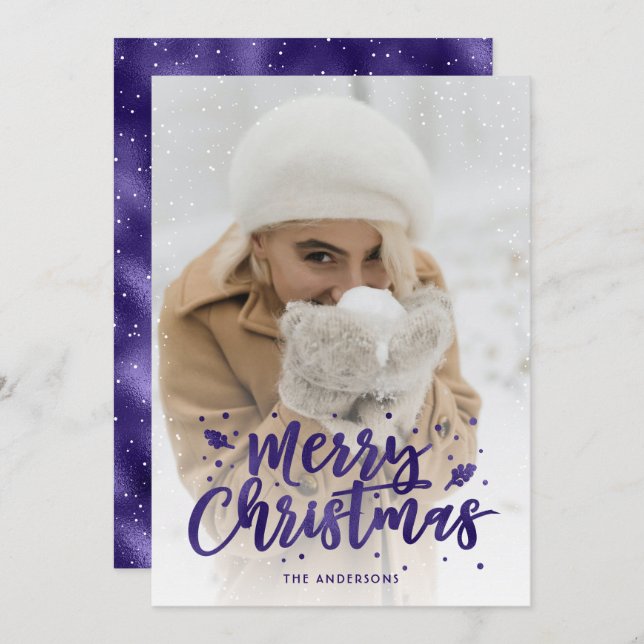 Purple Foil Script Snow Photo Christmas Cards (Front/Back)