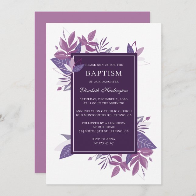 Purple foliage baptism. Plum violet botanical Invitation (Front/Back)