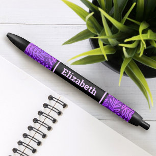 Purple foliage leaves pattern custom name modern black ink pen