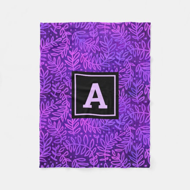 Purple foliage leaves pattern modern bold monogram fleece blanket (Front)