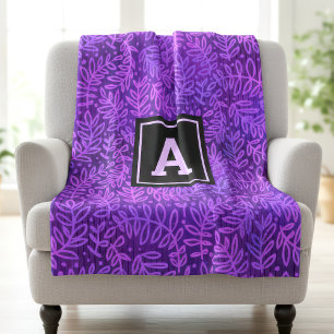 Purple foliage leaves pattern modern bold monogram fleece blanket