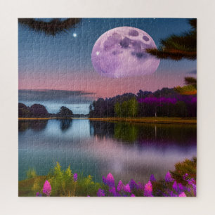 Purple foliage Moon and peaceful lake  Jigsaw Puzzle