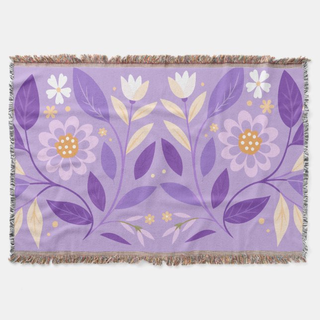 Purple Folk Floral Woven Throw Blanket (Front)
