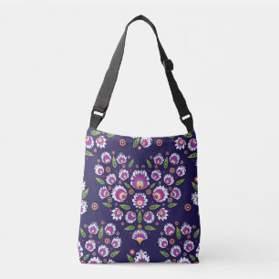 Purple folk flowers, heart shaped crossbody bag
