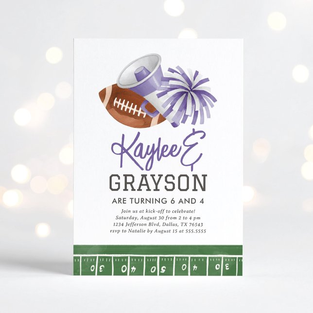 Purple Football and Cheerleading Joint Birthday Invitation (Creator Uploaded)