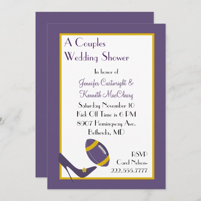Purple Football Couples Wedding Shower Invitation (Front/Back)
