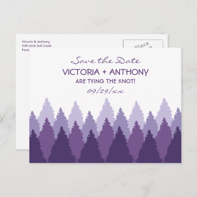 Purple Forest Range Woodland Wedding Save The Date Postcard (Front/Back)