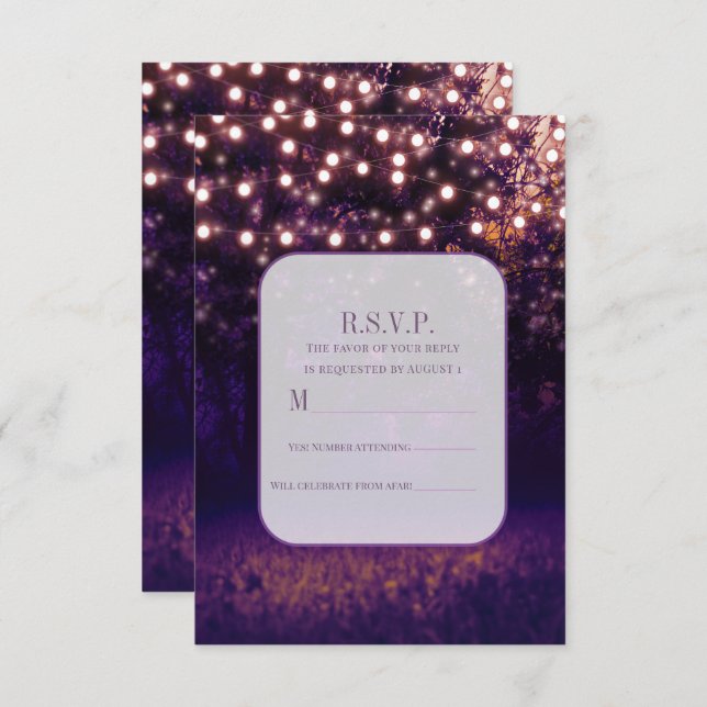 Purple Forest Sunset String Lights Wedding RSVP Invitation (Front/Back)