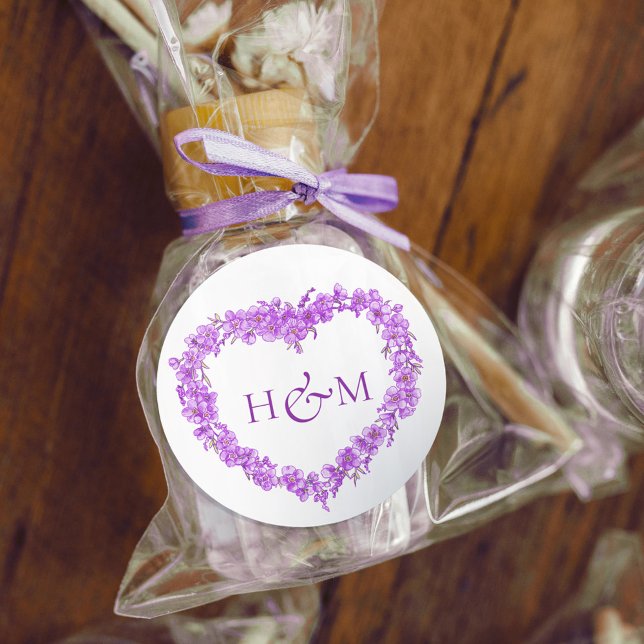 Purple forget me nots inked art wedding monogram classic round sticker (Creator Uploaded)