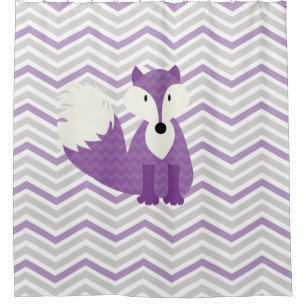 Purple Fox on Grey, White, Lilac Chevron Stripes Shower Curtain