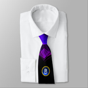 PURPLE FRACTAL WAVES AND SWIRLS, BLUE GEM MONOGRAM TIE