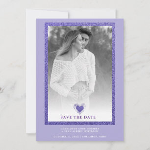 Purple Frame Sparkle Simple Photo Engaged Heart Save The Date