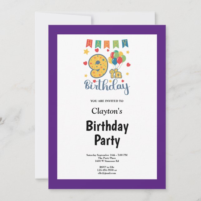 Purple Framed 9th Birthday Party Invitation (Front)