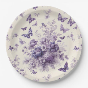 Purple French Country Toile Fleurie Butterflies Paper Plate