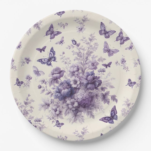 Purple French Country Toile Fleurie Butterflies Paper Plate (Front)