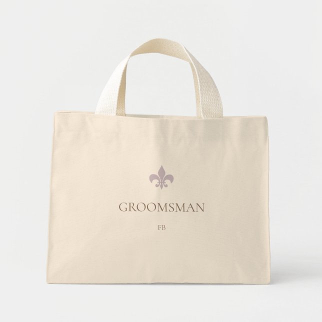 Purple French Fleur de Lis Groomsman Initial Mini Tote Bag (Front)