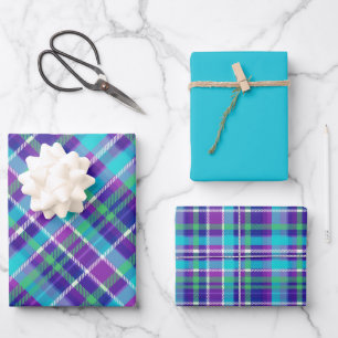 Purple, Fuchsia, Aqua, Green, Blue & White Plaid Wrapping Paper Sheet