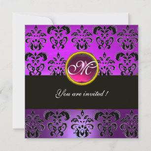 PURPLE FUCHSIA BLACK DAMASK MONOGRAM,pink amethyst Invitation