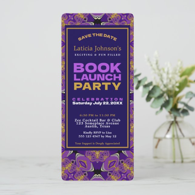 Purple Fuchsia Gold Vintage Lace Book Launch Invitation (Standing Front)