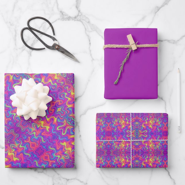 Purple, Fuchsia, Orange & Yellow Swirl Pattern Wrapping Paper Sheet (Front)