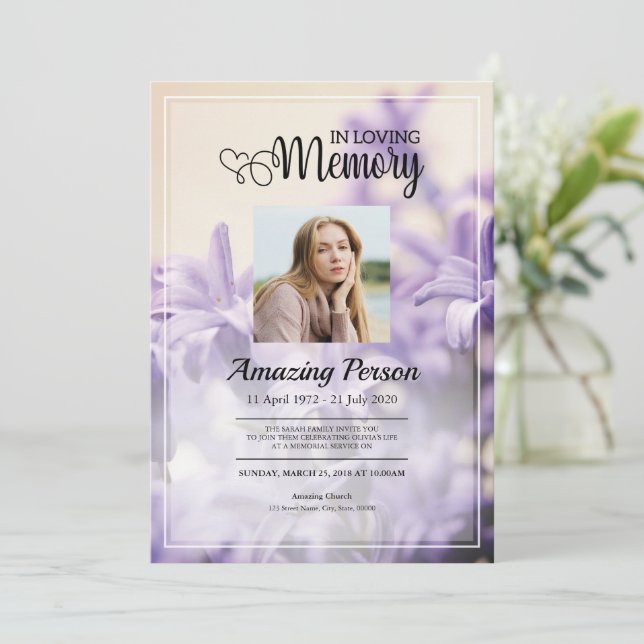 Purple Funeral order of service Invitation (Standing Front)