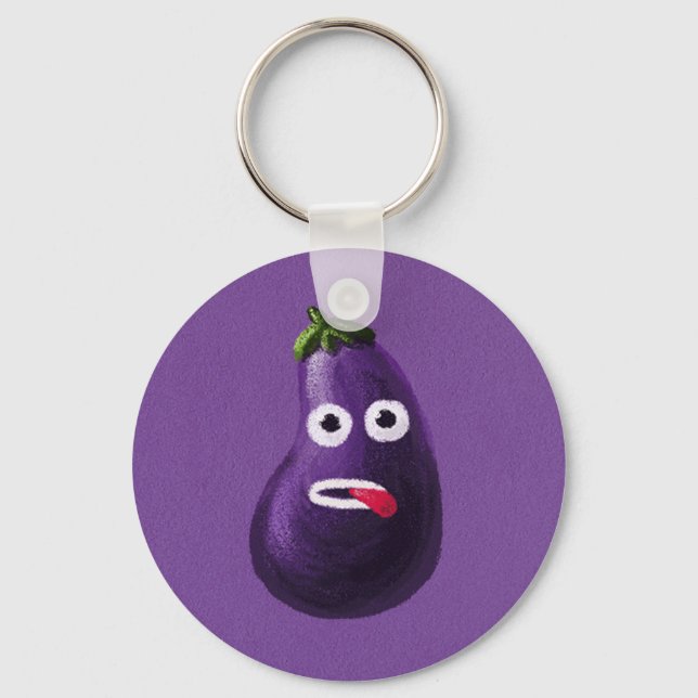 Purple Funny Cartoon Eggplant Key Ring (Front)