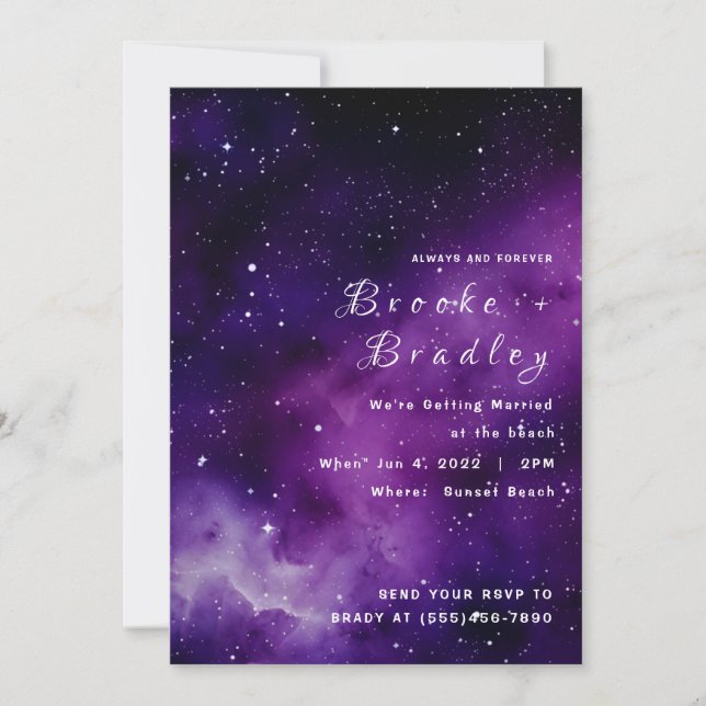 Purple Galaxy Beach Wedding Invitation (Front)