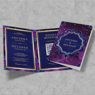 Purple Galaxy Blue Mandala QR Code Indian Wedding Invitation