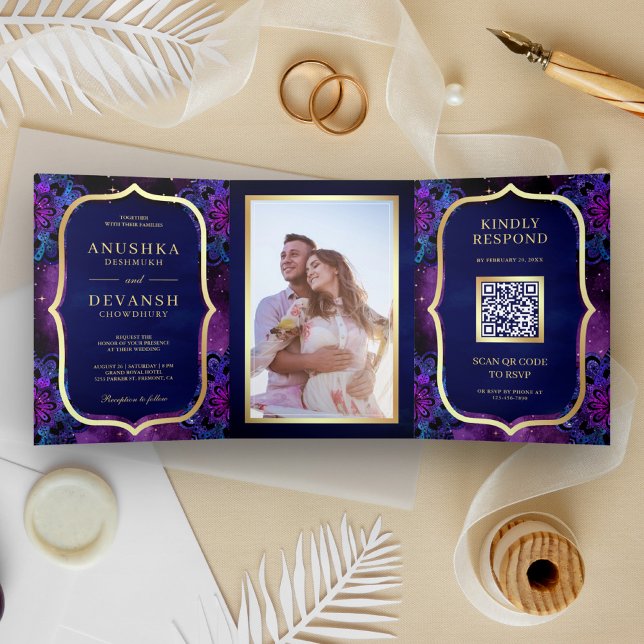 Purple Galaxy Blue Mandala QR Code Indian Wedding Tri-Fold Invitation (Creator Uploaded)