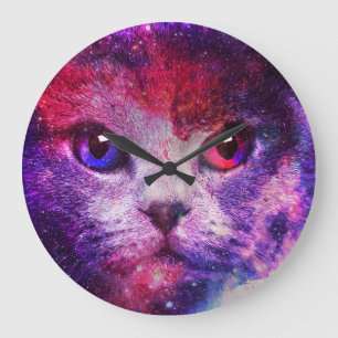 Purple Galaxy Cat Large Clock