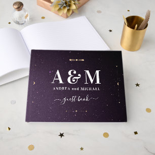 Purple Galaxy Celestial Starry Gold Moon Wedding Guest Book