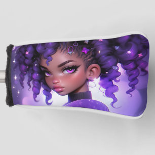 Purple Galaxy Girl with Curly Hair Golf Head Cover