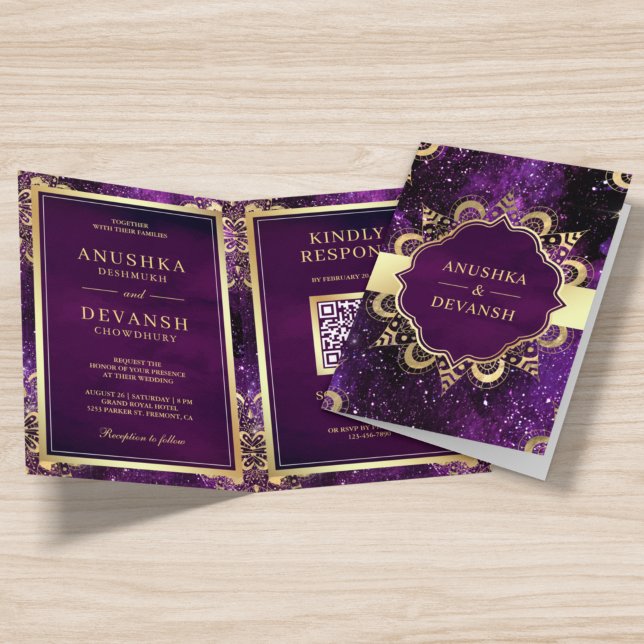 Purple Galaxy Gold Mandala QR Code Indian Wedding Invitation (Creator Uploaded)