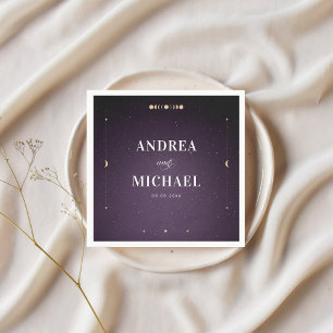 Purple Galaxy Gold Moon Celestial Wedding Party Napkin