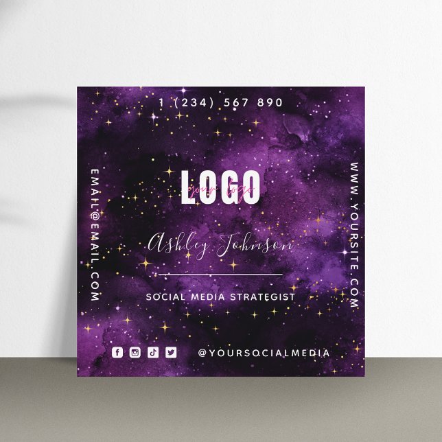 Purple Galaxy Space Sparkles QR Code & Logo Cosmic Square Business Card (Creator Uploaded)