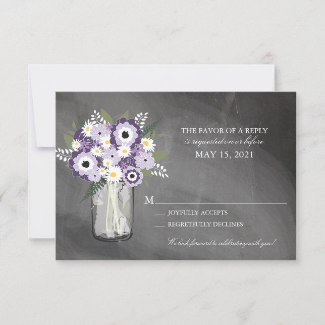 Purple Garden Chalkboard Mason Jar Floral | RSVP Card (Front)